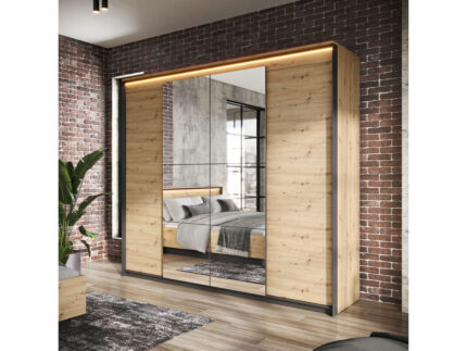 Armoire 4 portes 250 cm KYRIA avec LED imitation Chêne