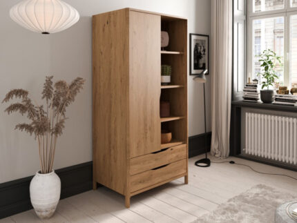 Armoire SOLENE chêne massif 95 cm 1 porte 2 tiroirs