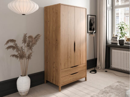 Armoire SOLENE chêne massif 95 cm 2 portes 2 tiroirs