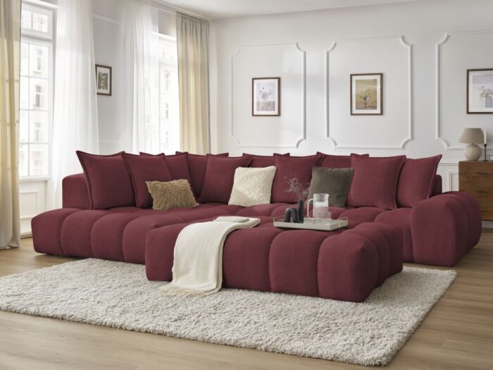 Canapé d'angle fixe EVEREST tissu chiné avec pouf Rouge