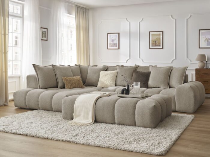 Canapé d'angle fixe EVEREST tissu chiné avec pouf Taupe