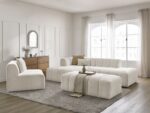 Canapé d'angle fixe modulable ANNECY tissu bouclette avec 1 chauffeuse 1 place et 1 pouf Blanc