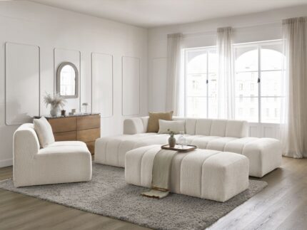 Canapé d'angle fixe modulable ANNECY tissu bouclette avec 1 chauffeuse 1 place et 1 pouf Blanc