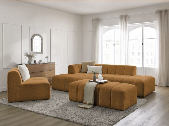 Canapé d'angle fixe modulable ANNECY tissu bouclette avec 1 chauffeuse 1 place et 1 pouf Jaune