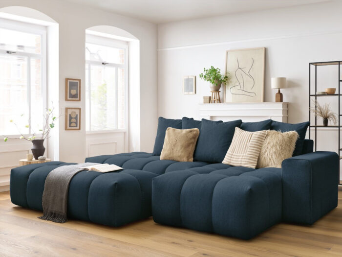 Canapé d'angle fixe MONT-BLANC tissu avec pouf Bleu foncé
