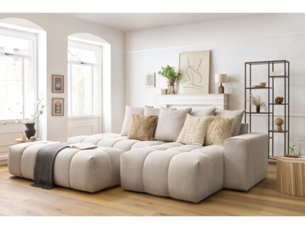 Canapé d'angle fixe MONT-BLANC tissu avec pouf Beige