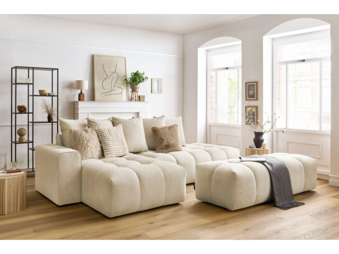 Canapé d'angle fixe MONT-BLANC velours avec pouf Beige