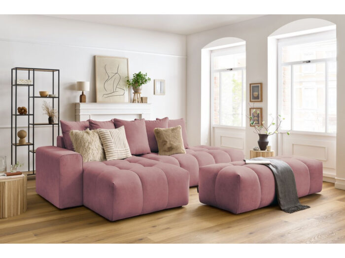 Canapé d'angle fixe MONT-BLANC velours avec pouf Rose