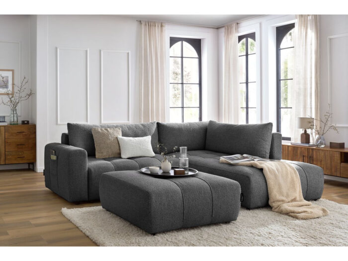 Canapé d'angle L convertible coffre ARSENE avec pouf Gris foncé