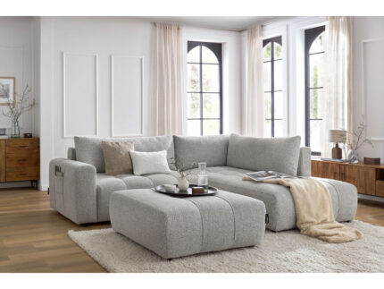 Canapé d'angle L convertible coffre ARSENE avec pouf Gris clair
