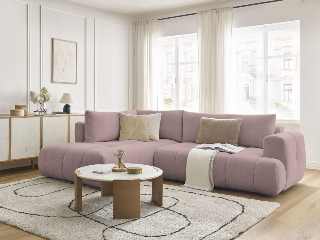 Canapé d'angle L convertible FUJI tissu lisse Rose