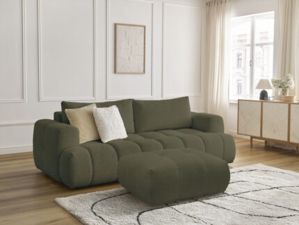 Canapé droit convertible 3 places FUJI tissu bouclette avec pouf Vert