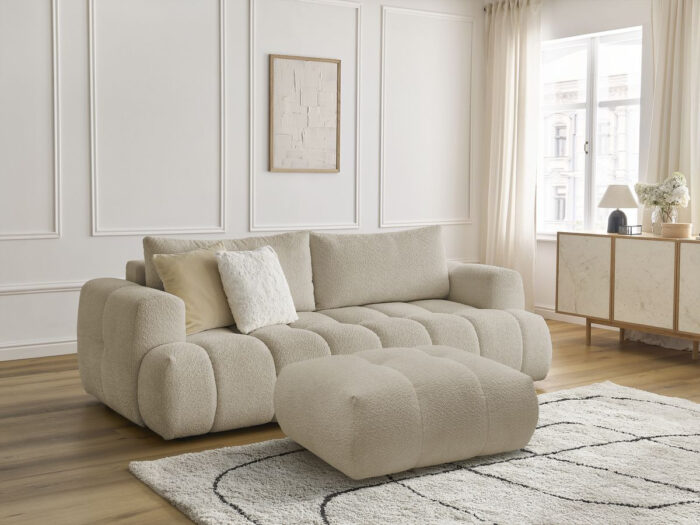 Canapé droit convertible 3 places FUJI tissu bouclette avec pouf Beige