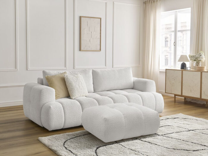 Canapé droit convertible 3 places FUJI tissu bouclette avec pouf Blanc