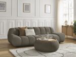 Canapé droit fixe 3 places HAYDEN tissu bouclette avec pouf grand avec plateau Marron
