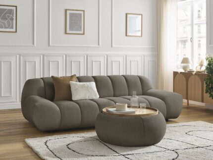 Canapé droit fixe 3 places HAYDEN tissu bouclette avec pouf grand avec plateau Marron