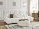 Canapé droit fixe 3 places HAYDEN tissu bouclette avec pouf grand avec plateau Blanc