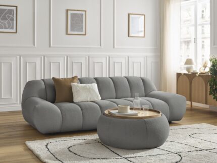 Canapé droit fixe 3 places HAYDEN tissu bouclette avec pouf grand avec plateau Gris foncé