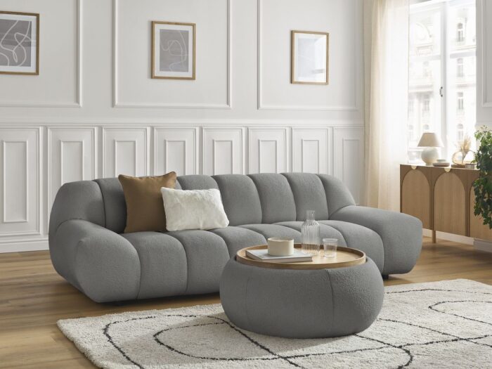 Canapé droit fixe 3 places HAYDEN tissu bouclette avec pouf grand avec plateau Gris foncé