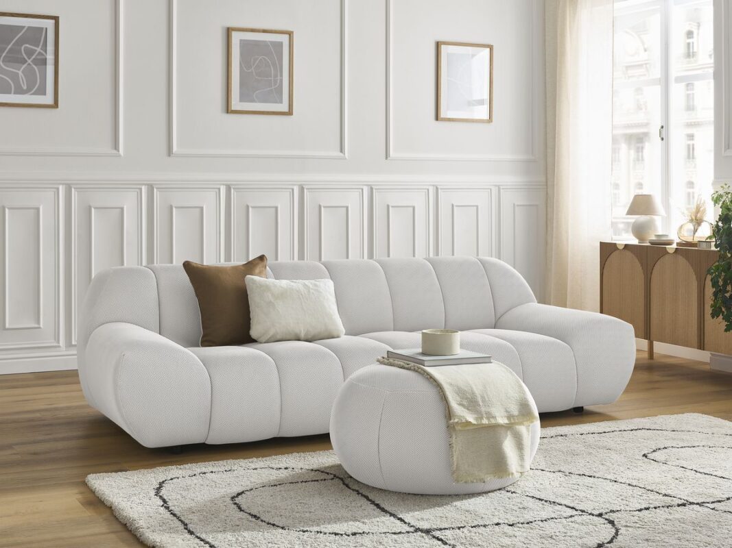 Canapé droit fixe 3 places HAYDEN tissu mesh avec pouf grand Blanc