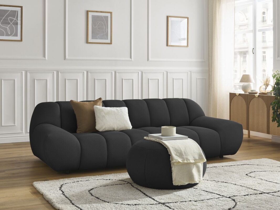Canapé droit fixe 3 places HAYDEN tissu mesh avec pouf grand Noir