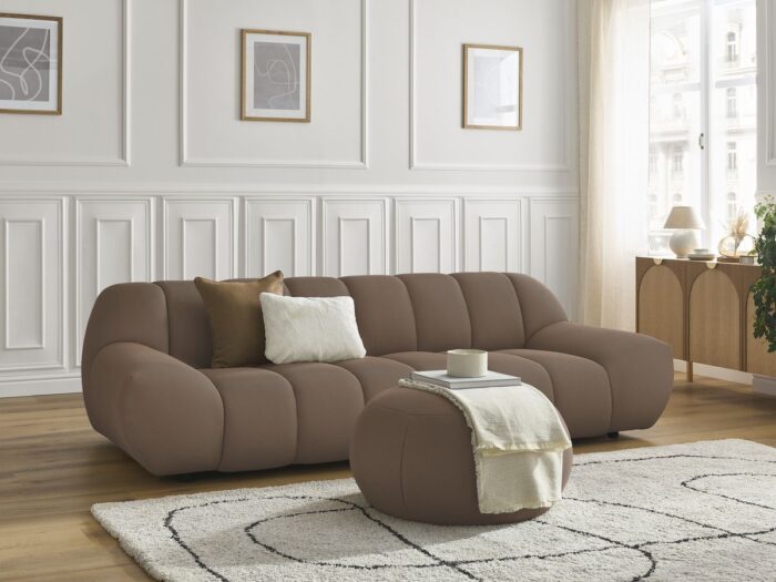 Canapé droit fixe 3 places HAYDEN tissu mesh avec pouf grand Marron