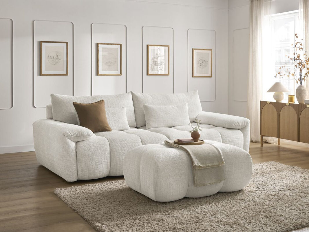 Canapé droit fixe 3 places IVANE tissu texturé avec pouf Blanc