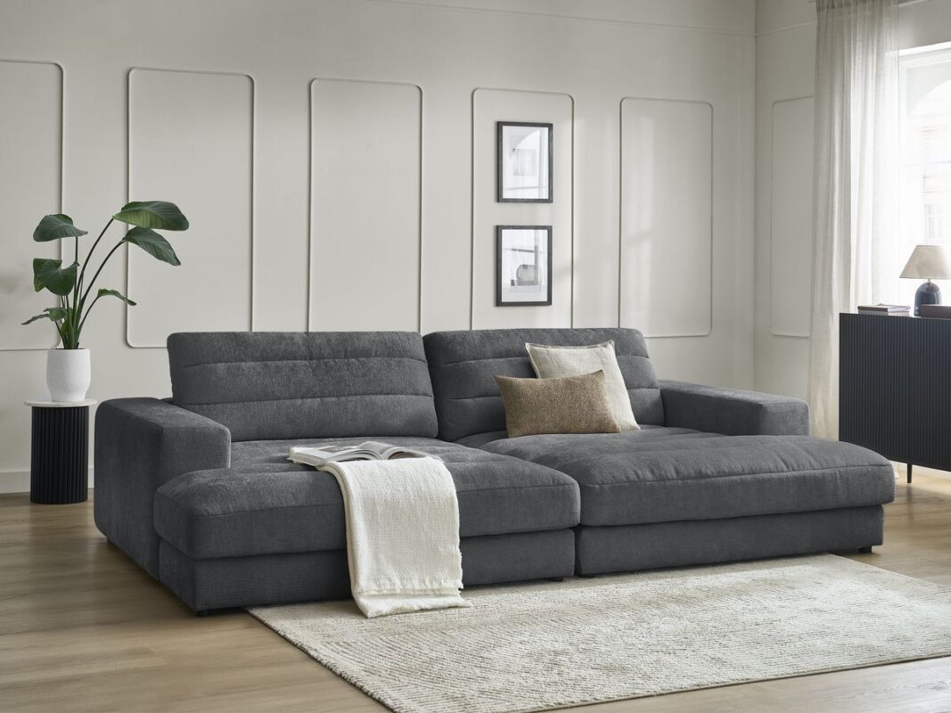 Canapé droit fixe 4 places SIERRA assise profonde tissu texturé Gris foncé