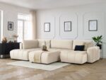 Canapé panoramique convertible coffre ARSENE tissu velours avec pouf Beige
