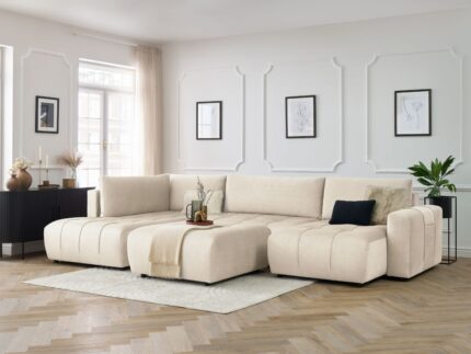 Canapé panoramique convertible coffre ARSENE tissu velours avec pouf Beige