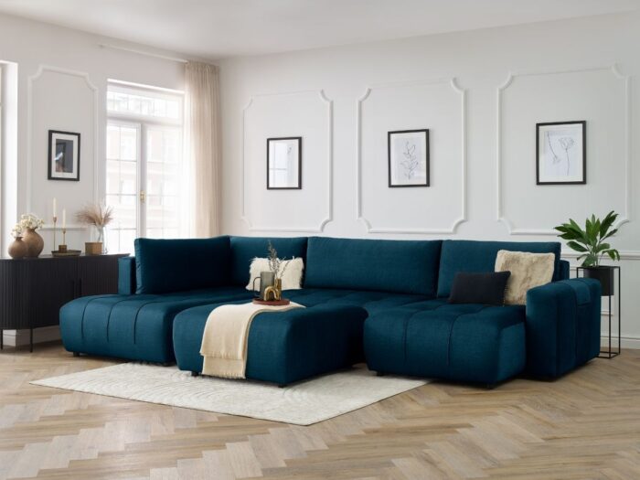 Canapé panoramique convertible coffre ARSENE tissu velours avec pouf Bleu