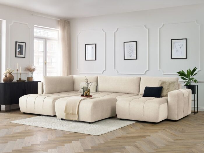 Canapé panoramique convertible coffre ARSENE tissu velours avec pouf Beige