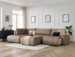 Canapé panoramique convertible coffre ARSENE tissu velours avec pouf Taupe