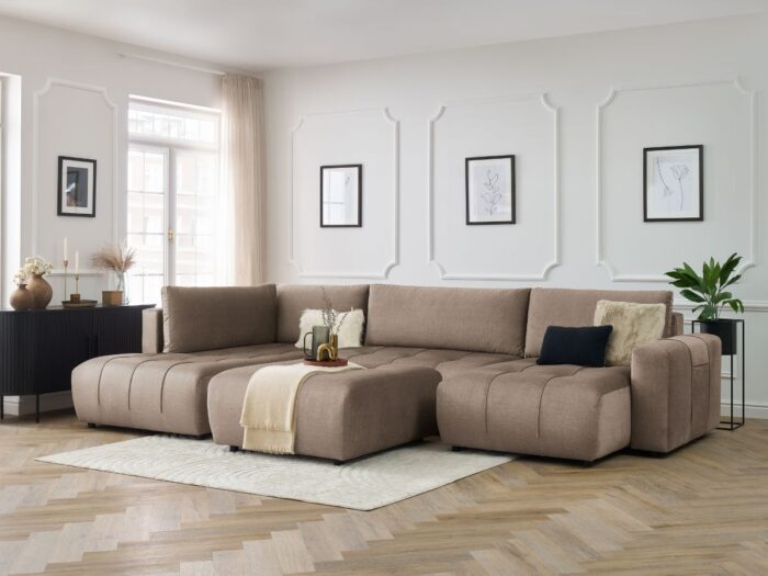 Canapé panoramique convertible coffre ARSENE tissu velours avec pouf Taupe