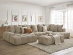 Canapé panoramique convertible coffre EVEREST tissu texturé avec pouf Taupe