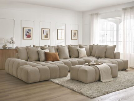 Canapé panoramique convertible coffre EVEREST tissu texturé avec pouf Taupe