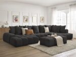 Canapé panoramique convertible coffre EVEREST tissu texturé avec pouf Noir
