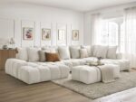Canapé panoramique convertible coffre EVEREST tissu texturé avec pouf Blanc