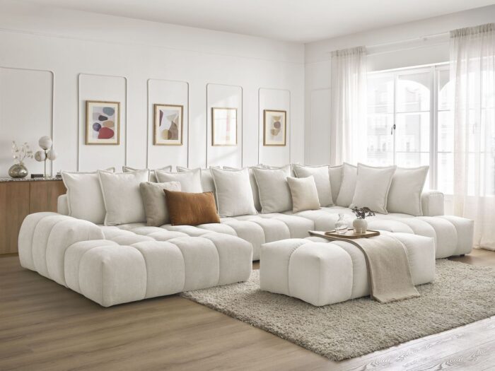 Canapé panoramique convertible coffre EVEREST tissu texturé avec pouf Blanc