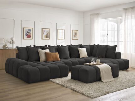 Canapé panoramique convertible coffre EVEREST tissu texturé avec pouf Noir