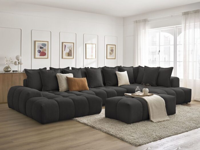 Canapé panoramique convertible coffre EVEREST tissu texturé avec pouf Noir