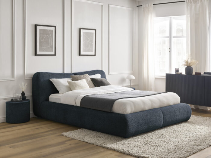 Ensemble PETER avec Lit + 2 chevets tissu bouclette Bleu