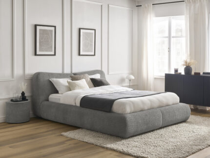 Ensemble PETER avec Lit + 2 chevets tissu bouclette Gris