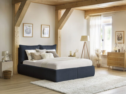 Lit coffre GARANCE avec tête de lit effet oreiller tissu Bleu foncé