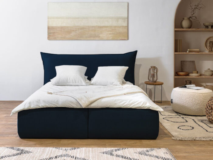 Lit coffre JADE avec tête de lit effet oreiller Bleu