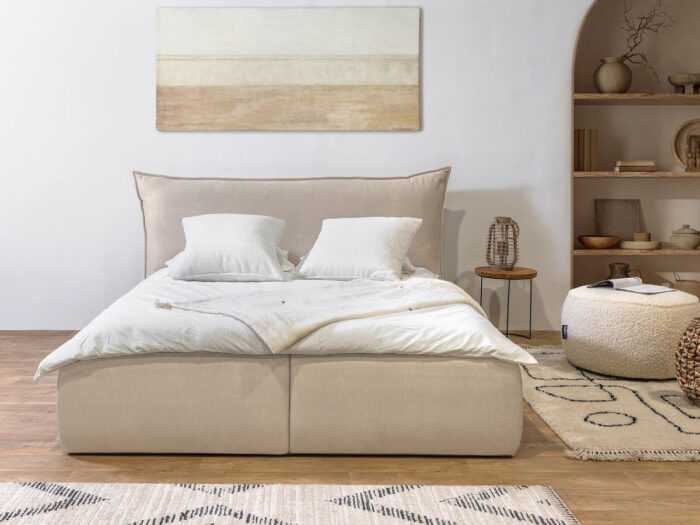 Lit coffre JADE avec tête de lit effet oreiller Beige