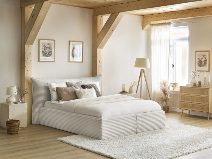 Lit coffre JADE avec tête de lit effet oreiller gros côtelé doux Beige