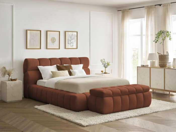 Lit coffre MONT-BLANC + Bout de lit MONT-BLANC tissu bouclette Orange