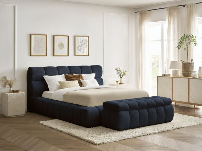 Lit coffre MONT-BLANC + Bout de lit MONT-BLANC tissu bouclette Bleu foncé