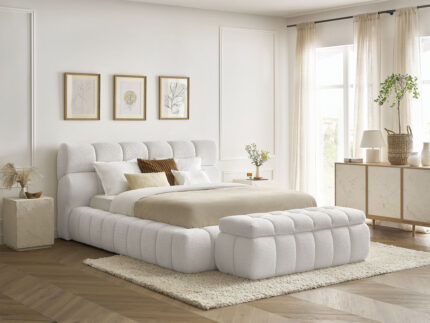 Lit coffre MONT-BLANC + Bout de lit MONT-BLANC tissu bouclette Blanc